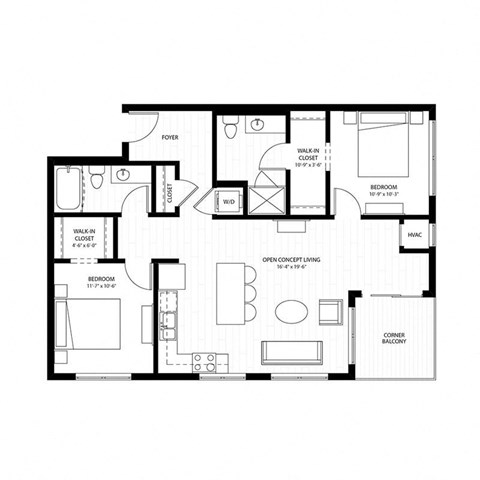 Floor plan for 2 beds, 2 baths, 1008 sqft